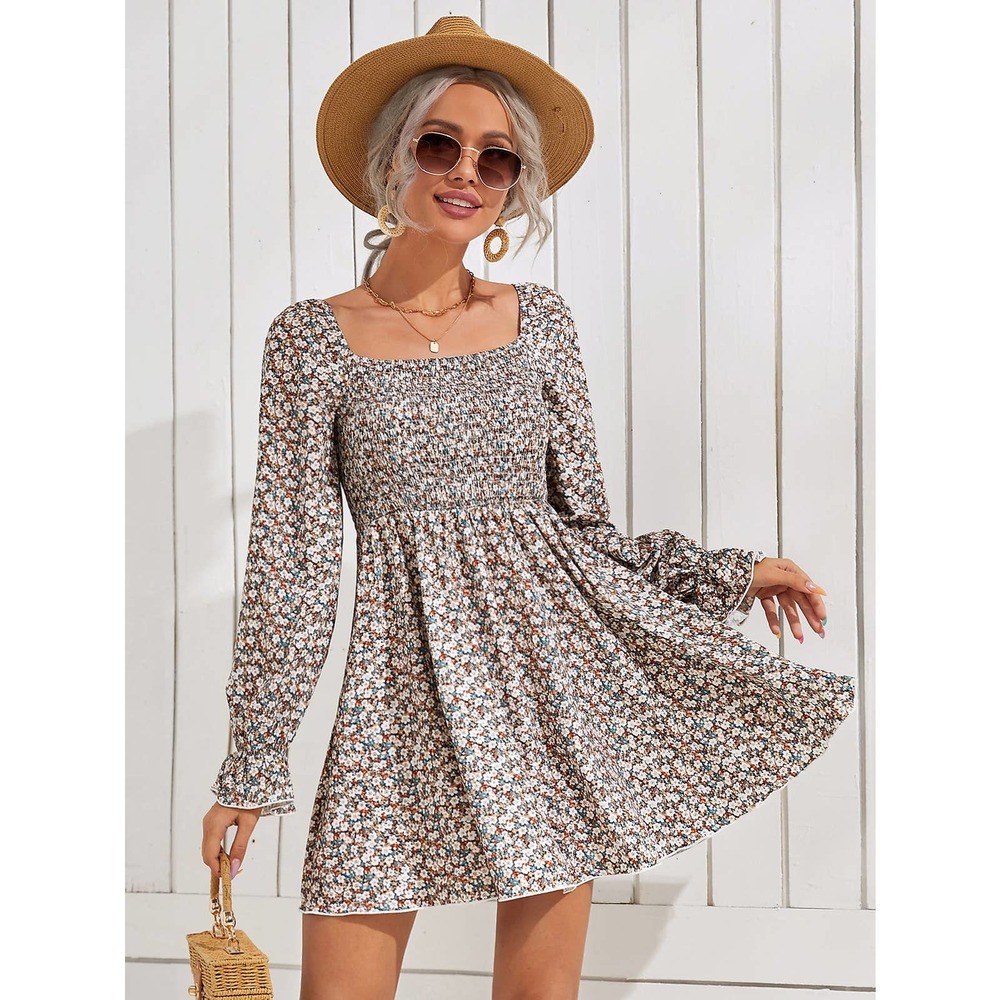Boho Floral Shirred Bodice Square Neck long sleeve Dress - Picture 1 of 5